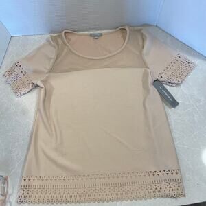 NY Collections blouse Tan knits new large scoop neck short sleeves mesh neckline